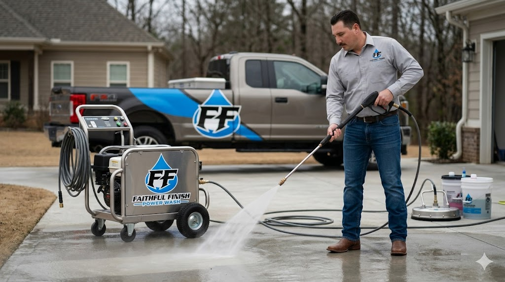 Faithful Finish Power Wash professional pressure washing a residential driveway with branded truck and equipment